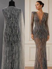 Broderie cu paiete argintii pe tul 140 cm latime - material premium pentru rochii de seara si mireasa