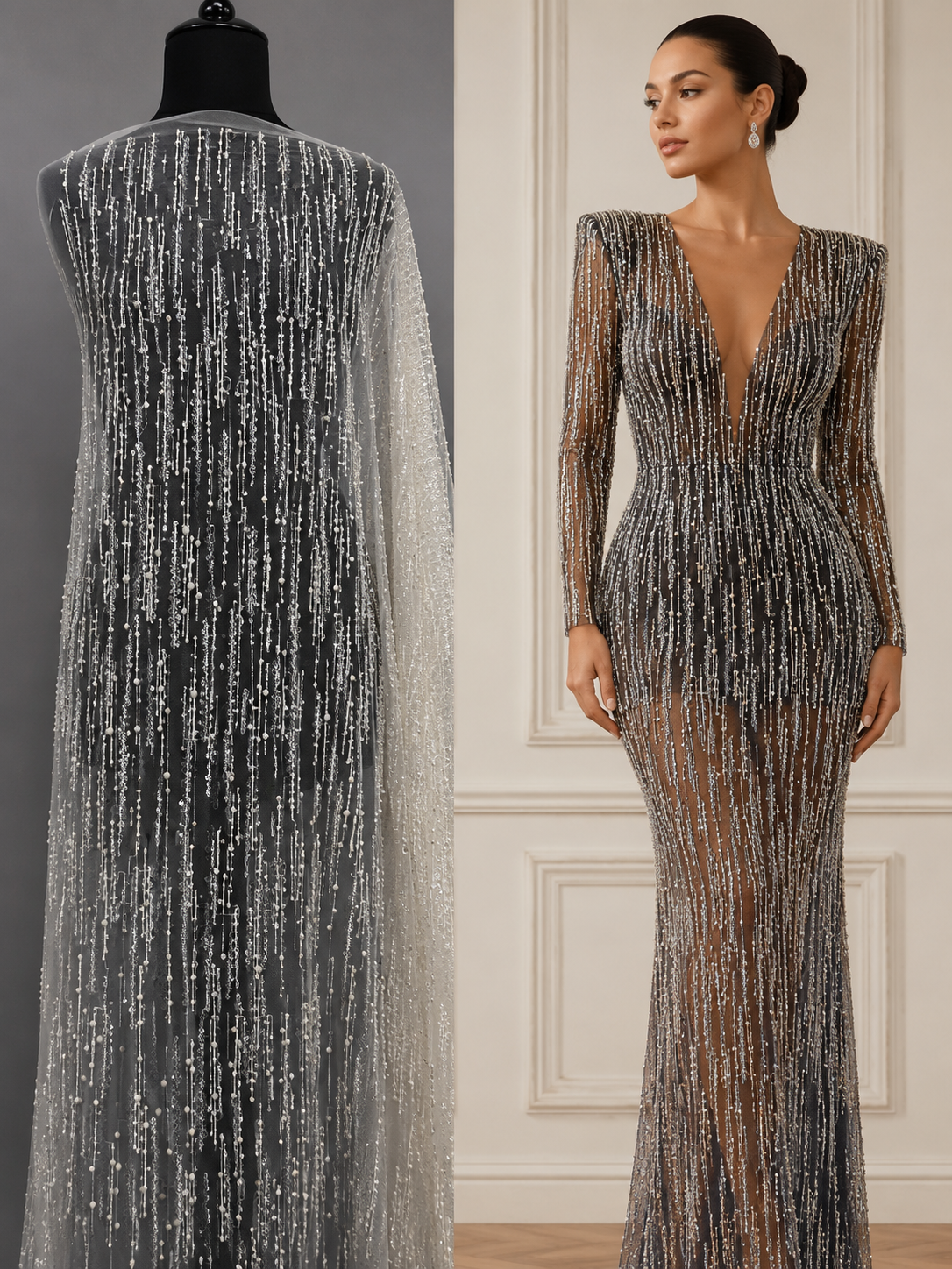 Broderie cu paiete argintii pe tul 140 cm latime - material premium pentru rochii de seara si mireasa