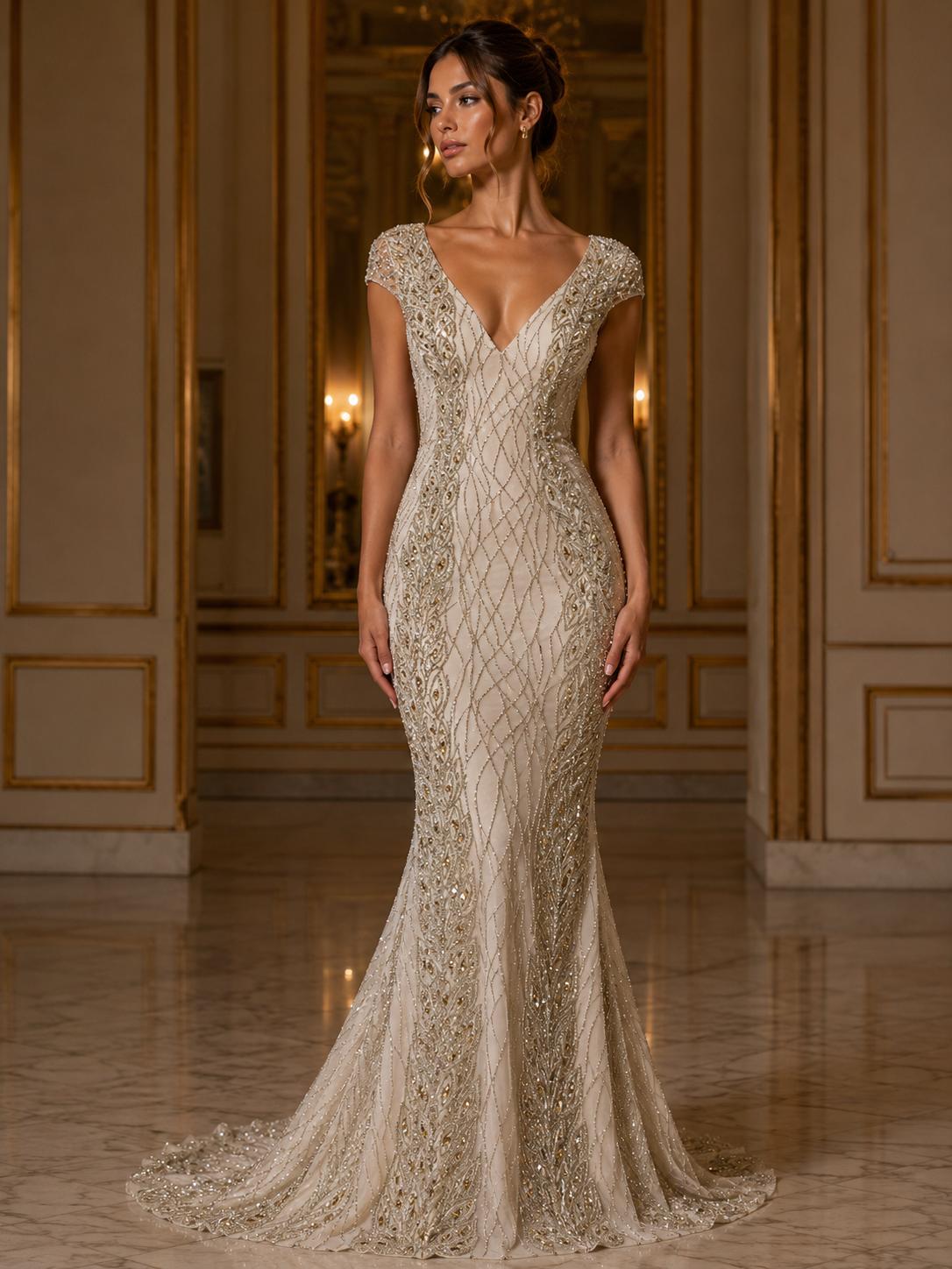 Broderie eleganta pe tul bej cu cristale aurii Model DB 1421, 140 cm/la metru