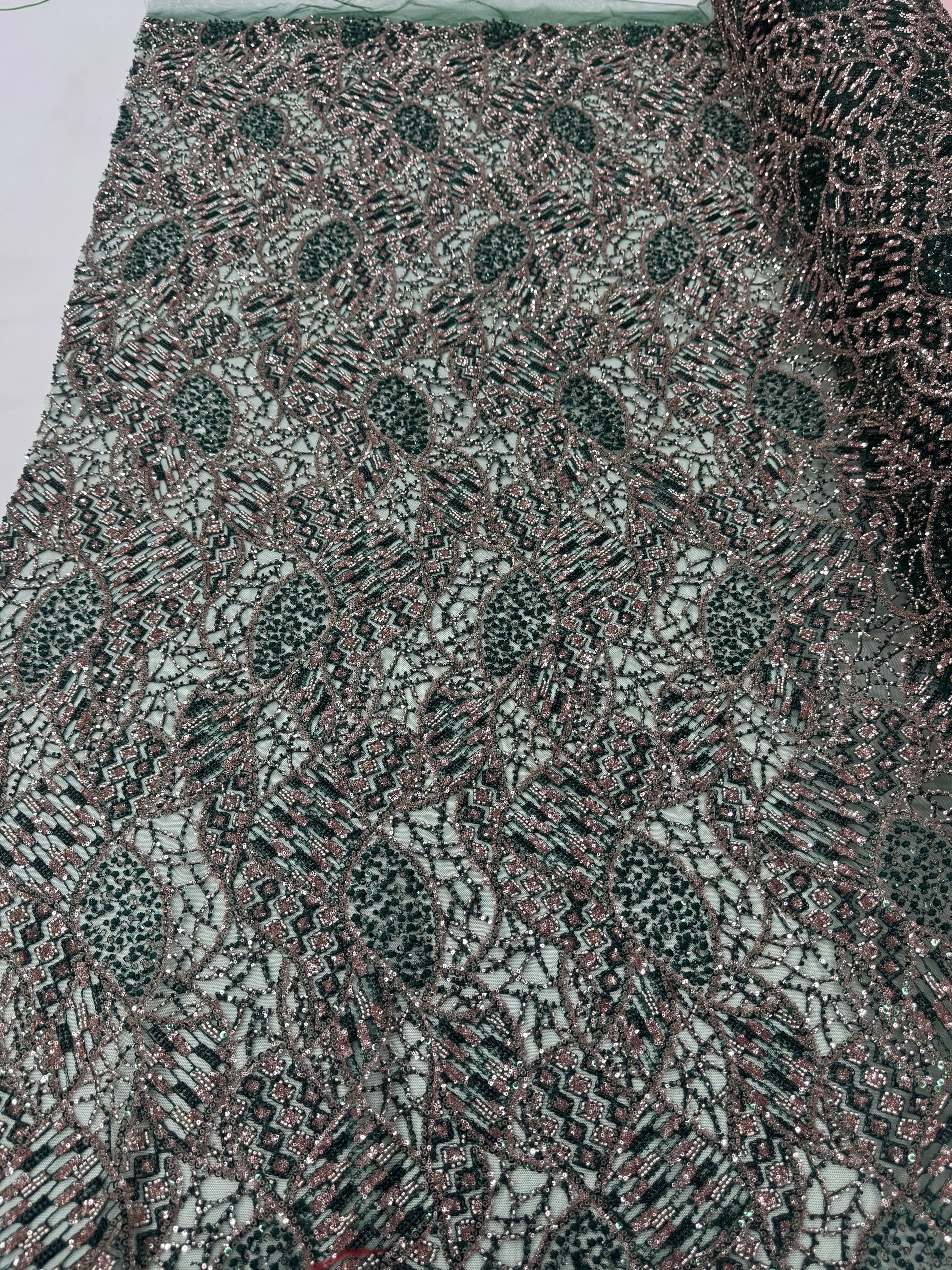 Broderie florala albastru-gri cu paiete pe tul 140 cm latime - material premium pentru rochii de seara