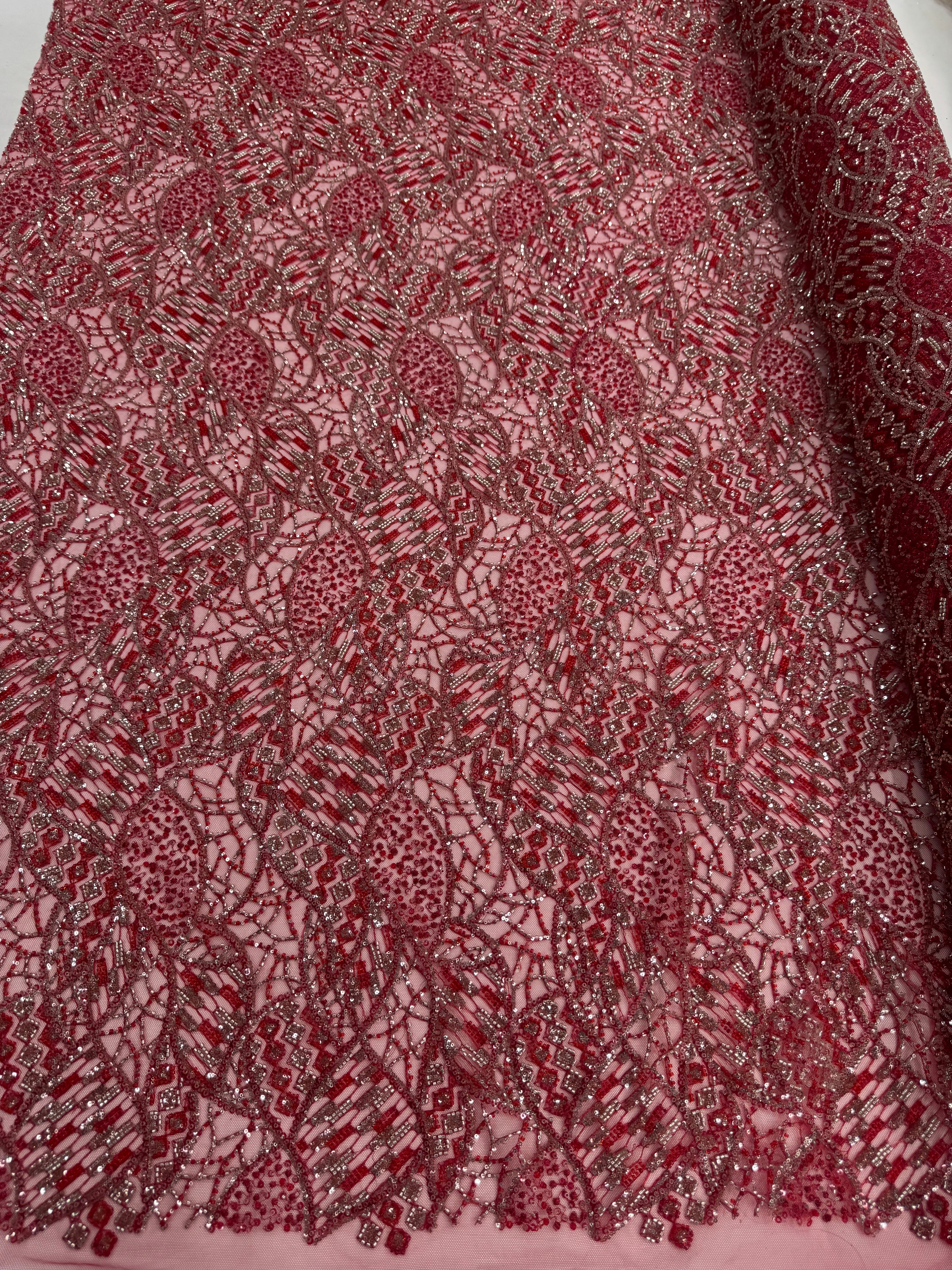 Broderie luxoasa Art Deco rosu rubin cu margele si paiete – material premium pentru rochii de gala