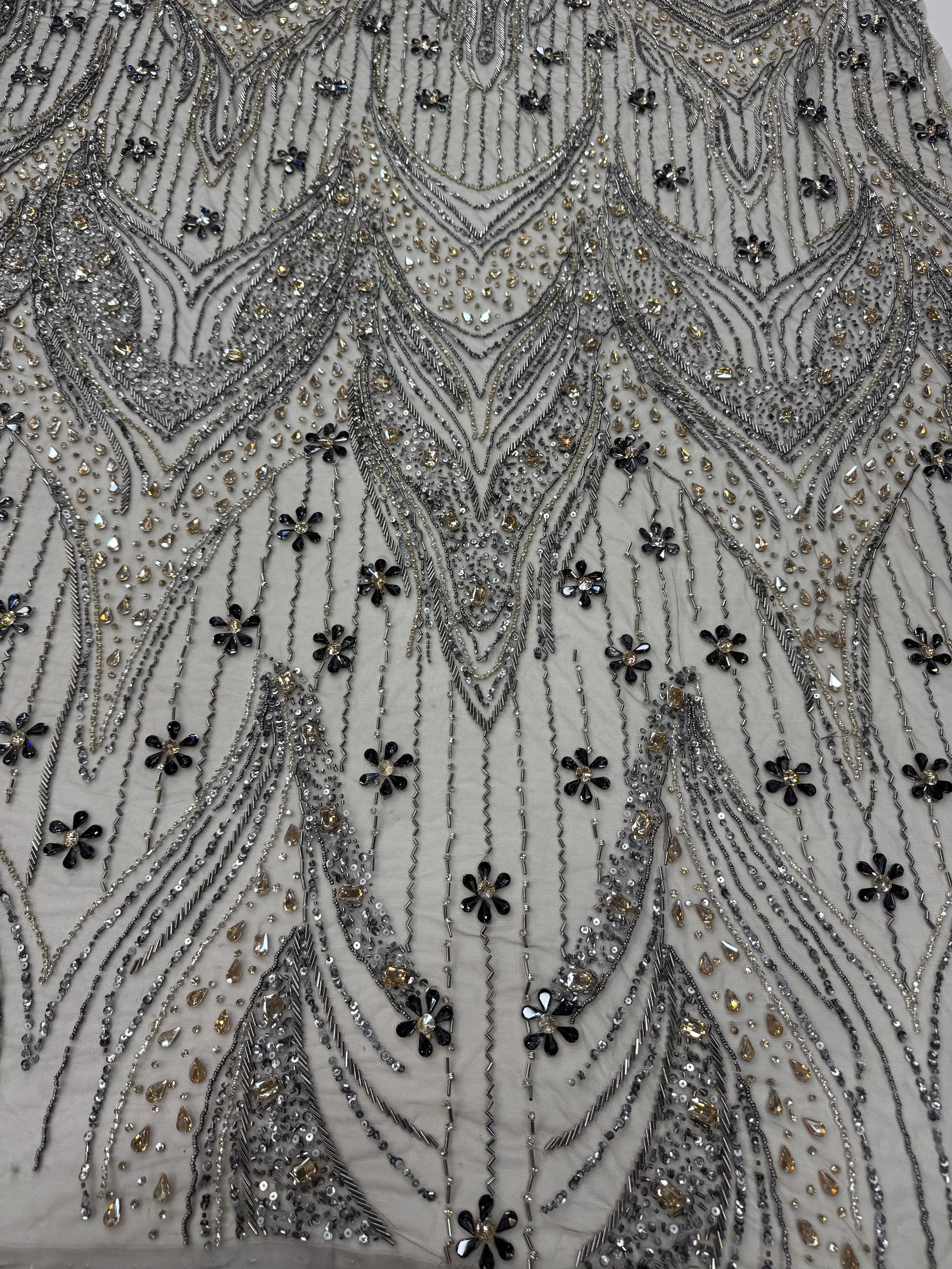 Broderie premium pe tul gri Model SJT 1375, 140 cm, la metru cu cristale, paiete si margele – Design Luxury Couture