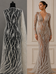Broderie luxury cu cristale si paiete pe tul 140 cm latime - material premium pentru rochii de gala