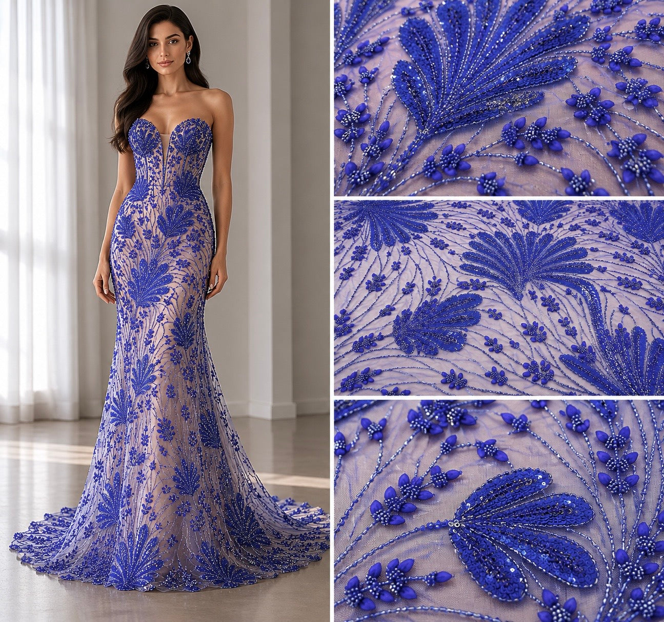 Broderie  Albastru Regal cu Paiete si Margele pe Tul Fin 140cm/la metru SJT1151