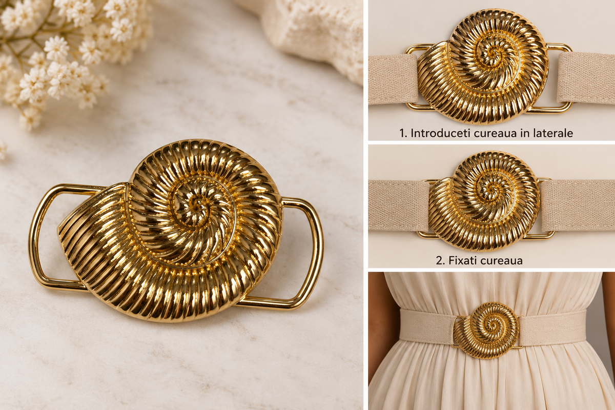 Catarama metalica aurie decorativa cu model spirala, 7,8 x 5 cm