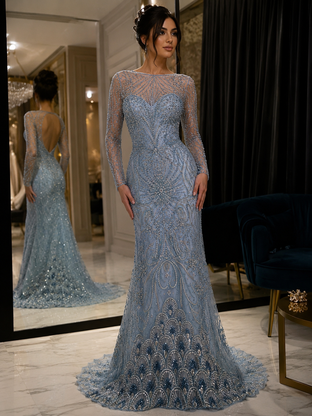 Broderie pe tul turcoaz Model AI741, latime 140 cm, cu cristale, margele si paiete premium