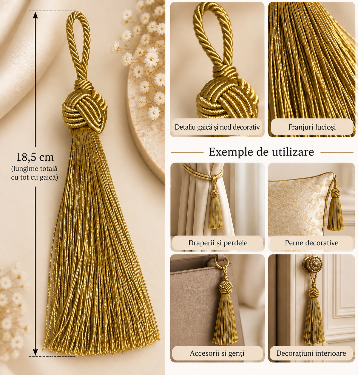 Ciucure Decorativ Auriu Pentru Vesminte \Draperii \ Haine- 18,5 cm, Model #8