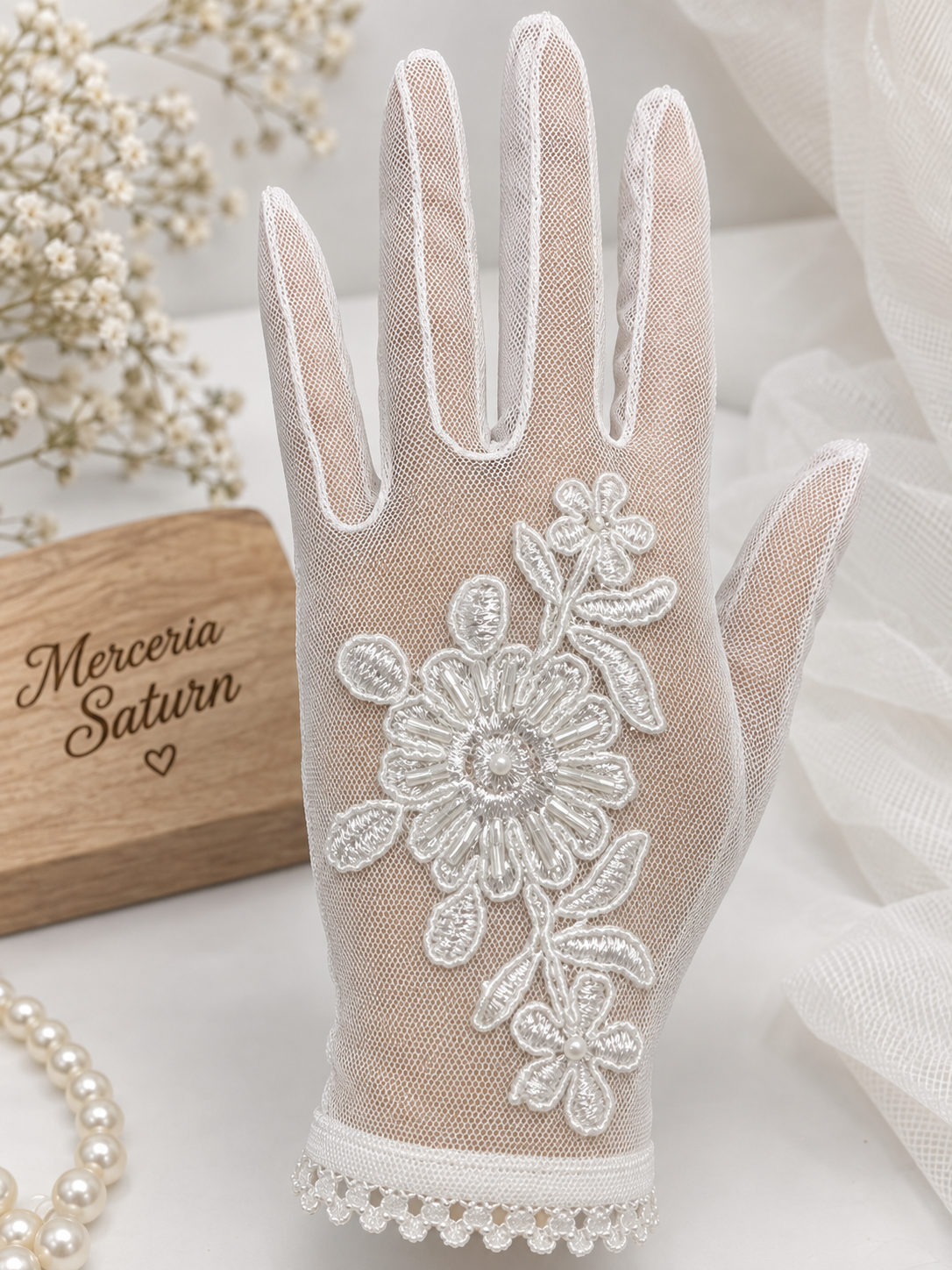 Manusi Albe Elegante din Tulle cu Aplicatie Florala si Dantela – 22 cm