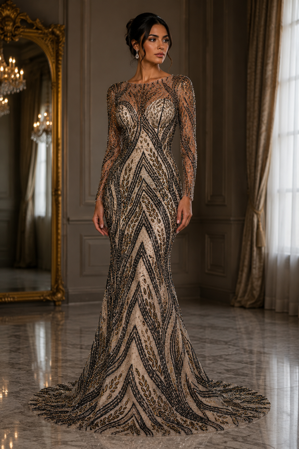 Broderie premium pe tul Model FD138, latime 140 cm, cu cristale si margele - disponibila in mai multe culori