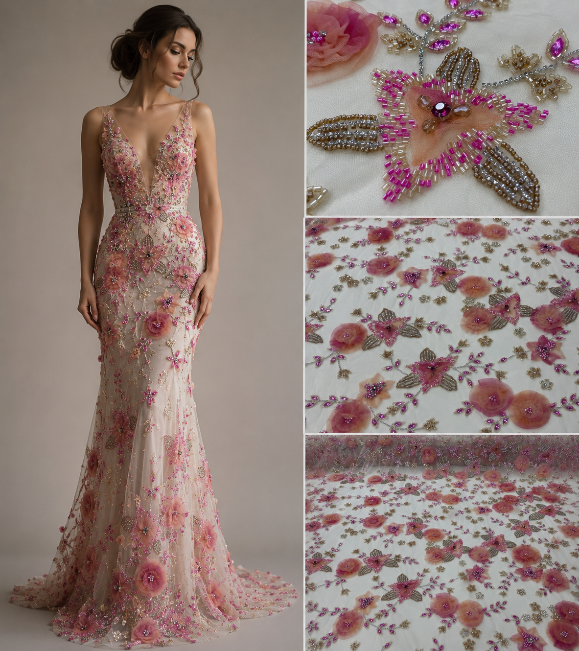 Broderie Florala 3D pe Tul cu Aplicatii si Margele Luxury 140cm/K2036