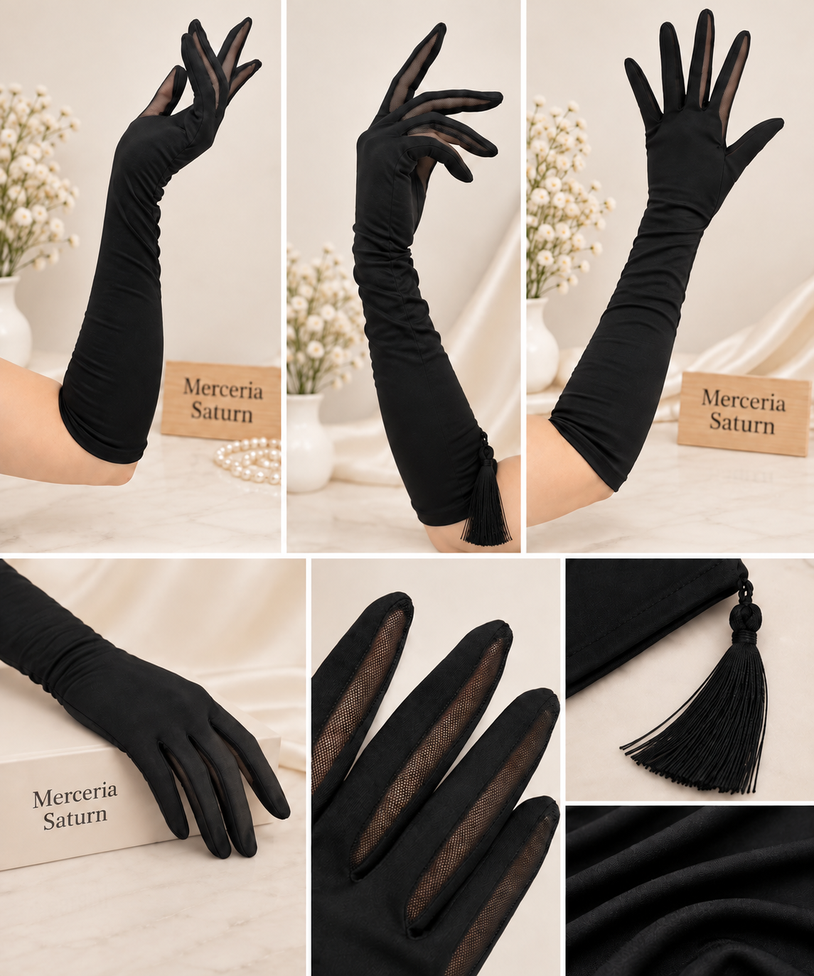 Manusi Negre Lungi Elegante cu Detalii Transparente si Ciucure Decorativ-aproximativ 40 cm