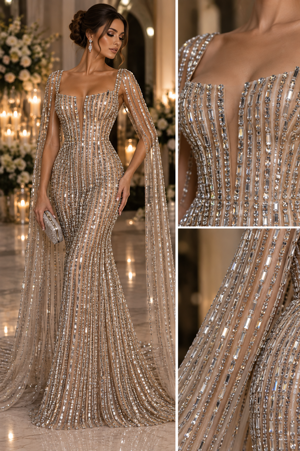 Broderie cu cristale argintii pe tul nude 140 cm \la metru , Model FL359