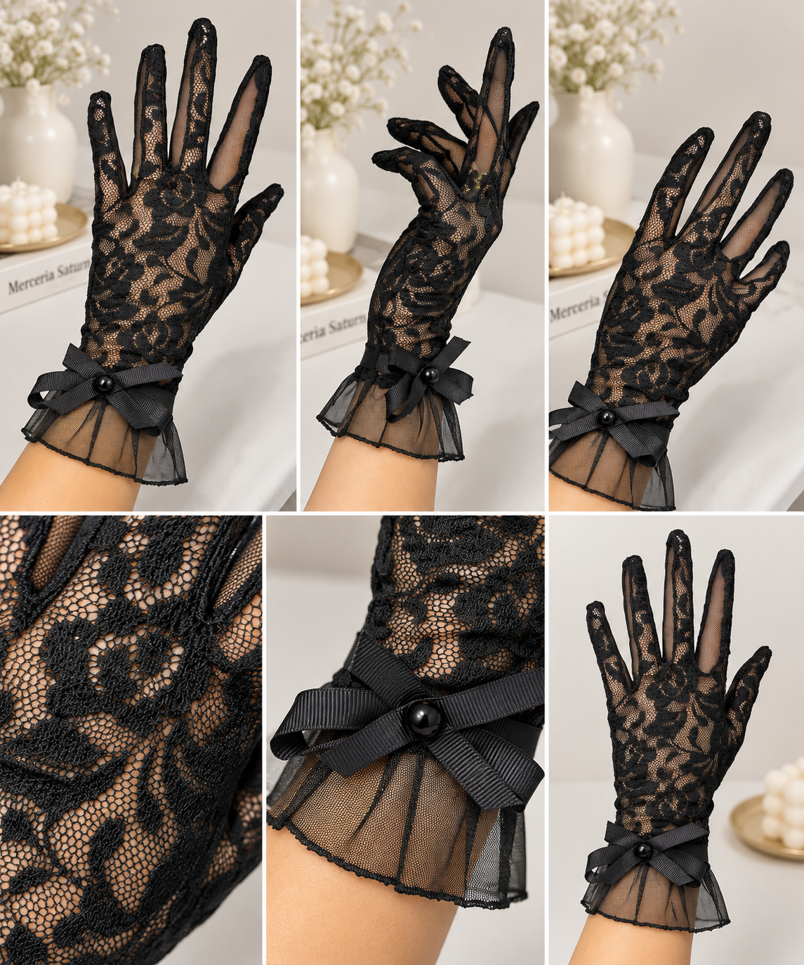 Manusi Negre Elegante din Dantela cu Fundita si Margele Decorative – 27 cm