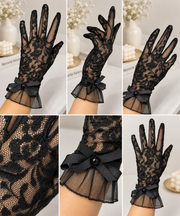 Manusi Negre Elegante din Dantela cu Fundita si Margele Decorative – 27 cm