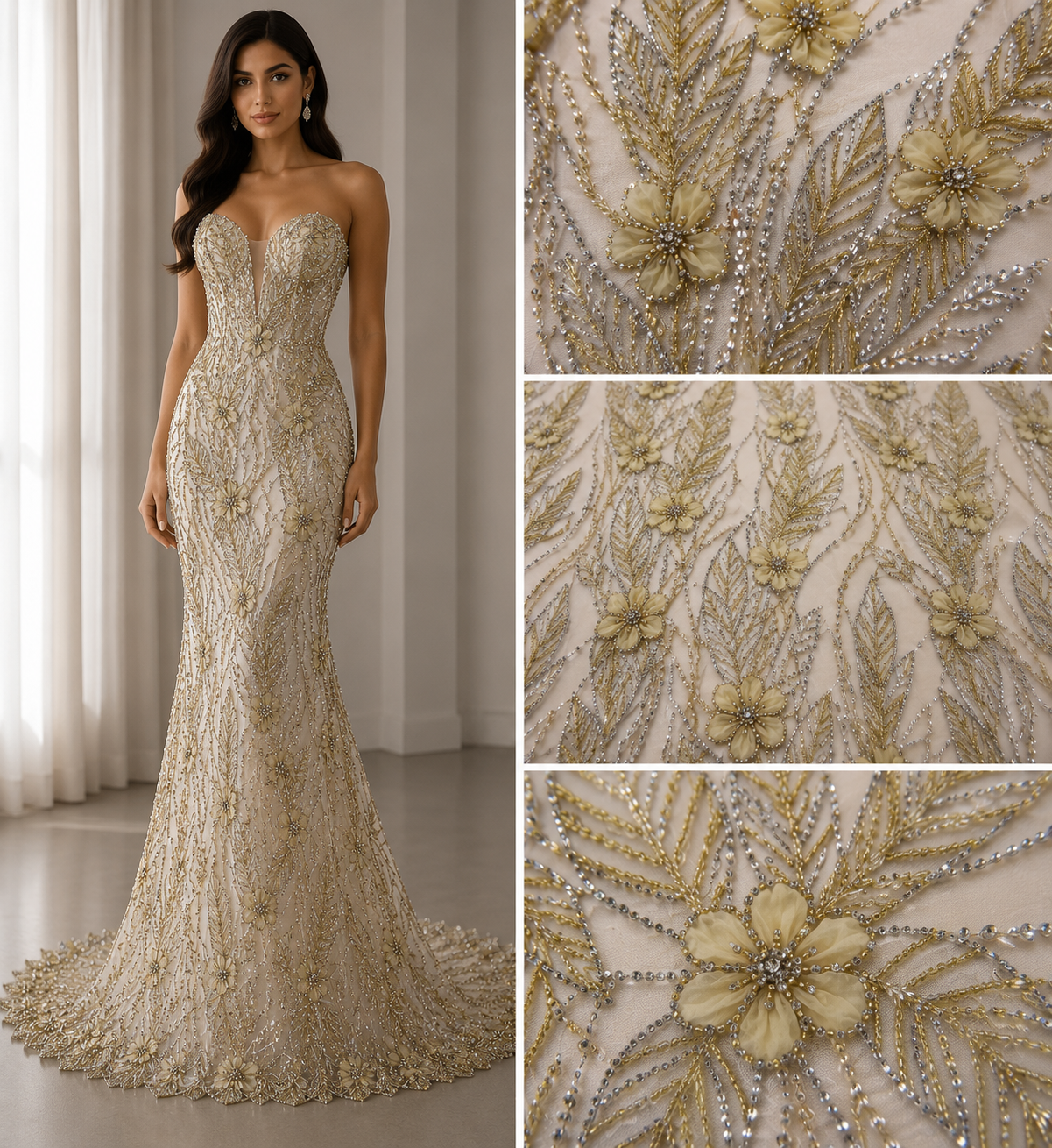 Broderie Aurie cu Flori 3D si Margele Elegante pe Tul Fin 140cm/la metru SJT1246