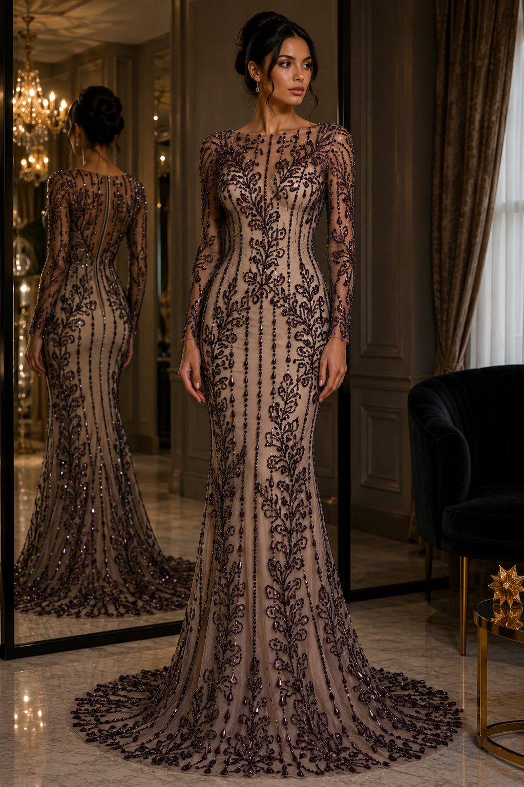 Broderie premium pe tul maro Model J1 3399, latime 140 cm, cu cristale si margele