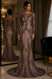 Broderie premium pe tul maro Model J1 3399, latime 140 cm, cu cristale si margele