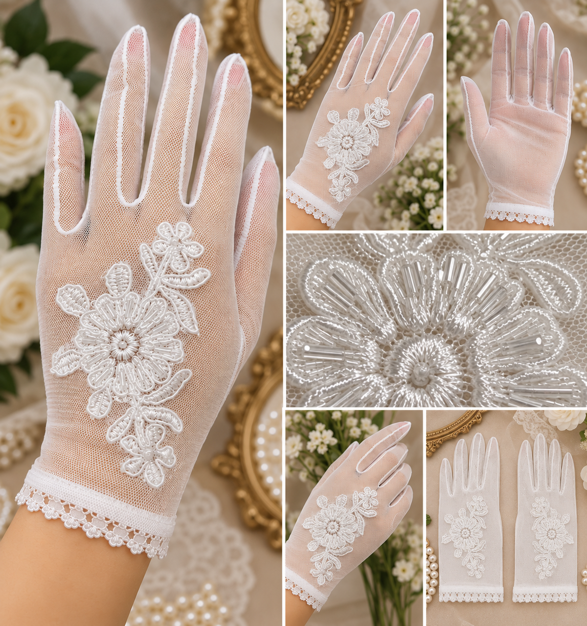 Manusi Albe Elegante din Tulle cu Aplicatie Florala si Dantela – 22 cm