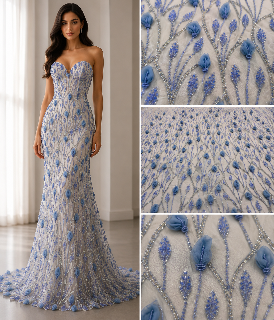 Broderie Bleu cu Aplicatii Florale 3D si Margele Couture 140cm/la metru  K2107