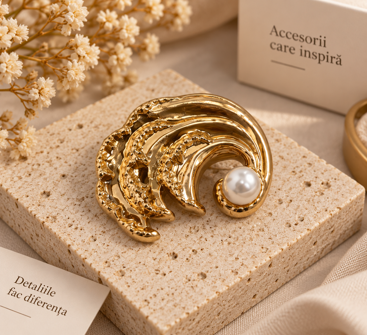 Catarama decorativa aurie pentru curea, model elegant cu perla, 4,5 x 3,5 cm