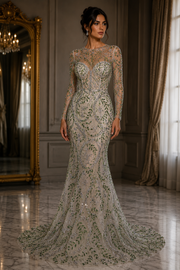 Broderie pe tul verde Model J1 3441, latime 140 cm, cu cristale, margele si aplicatii premium