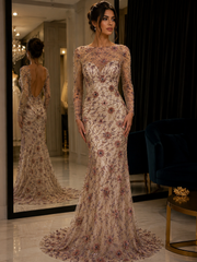 Broderie pe tul maro Model J1 3447, latime 140 cm, cu flori 3D, margele si cristale premium