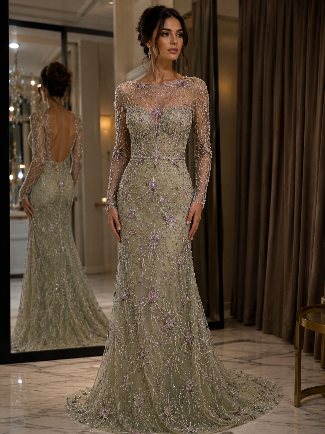 Broderie pe tul verde pastel Model P56743, latime 140 cm, cu cristale, margele si flori 3D premium.
