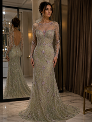 Broderie pe tul verde pastel Model P56743, latime 140 cm, cu cristale, margele si flori 3D premium.