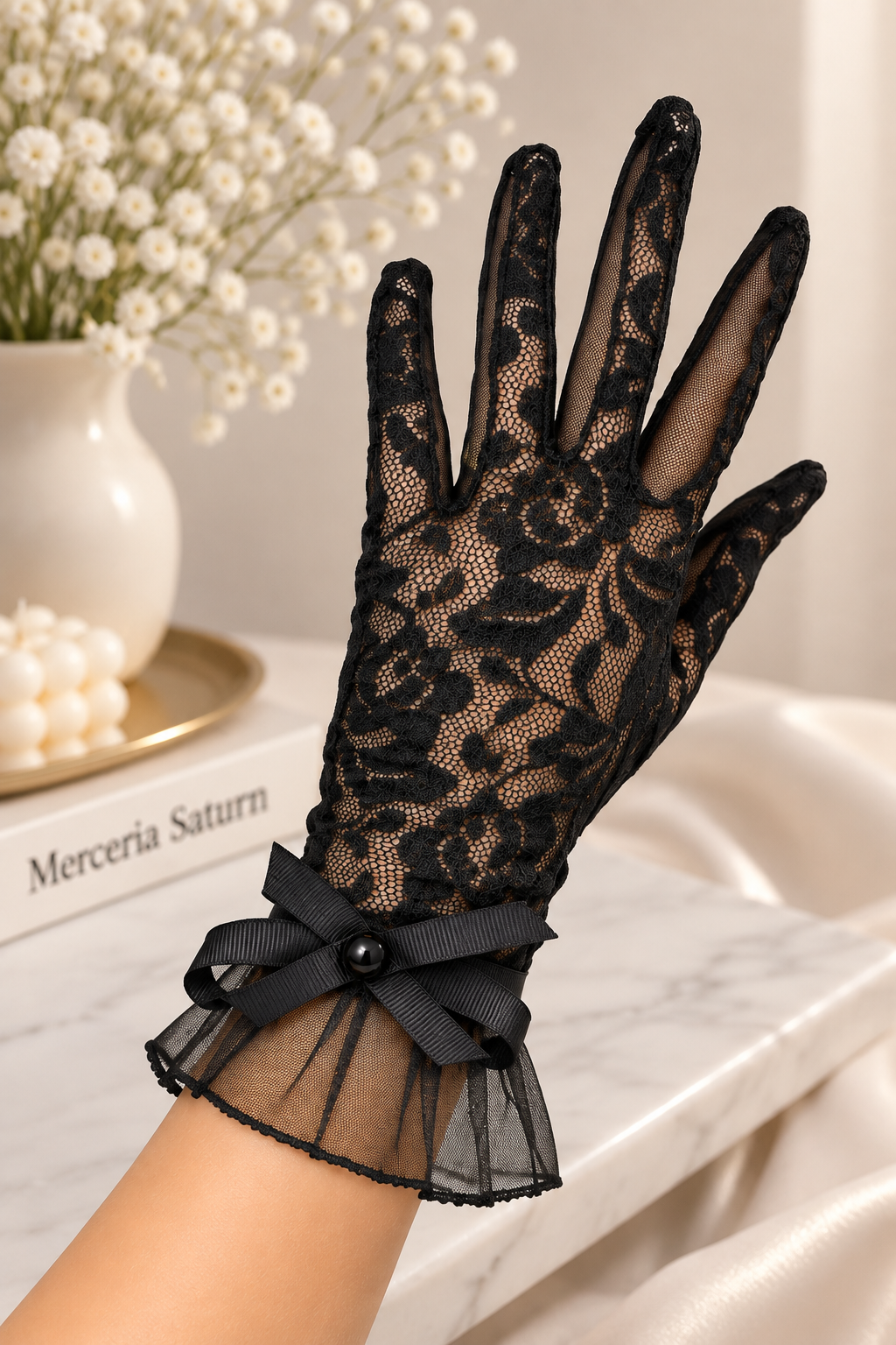 Manusi Negre Elegante din Dantela cu Fundita si Margele Decorative – 27 cm