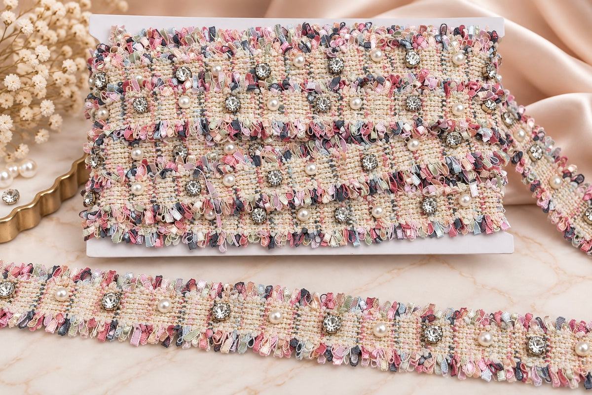 Banda Decorativa Tip Tweed Cu Perle Si Strasuri, 3,4 Cm / 10 Yards/Rola (9,14 Metri/ Rola) Model At-192