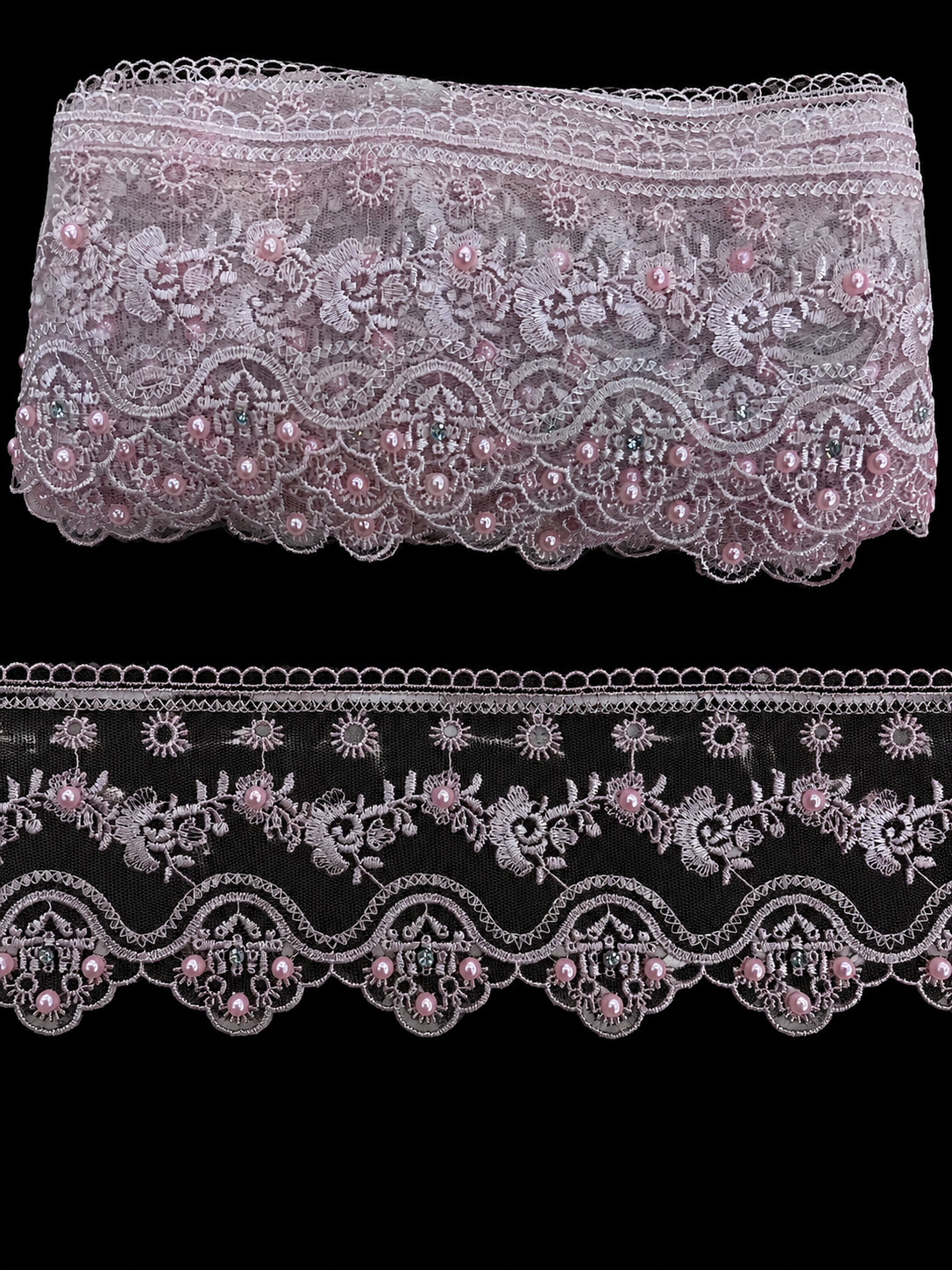 Dantela pe Tulle cu Perle si Strasuri, 10,5 cm, 10 Yards\Rola ( 9,14 metri\Rola ) Cod 0037