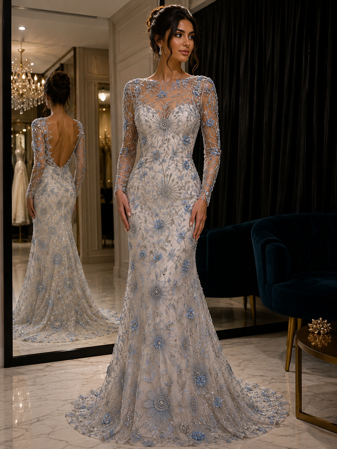 Broderie pe tul bleu Model K2205, latime 140 cm, cu flori 3D, cristale si margele premium
