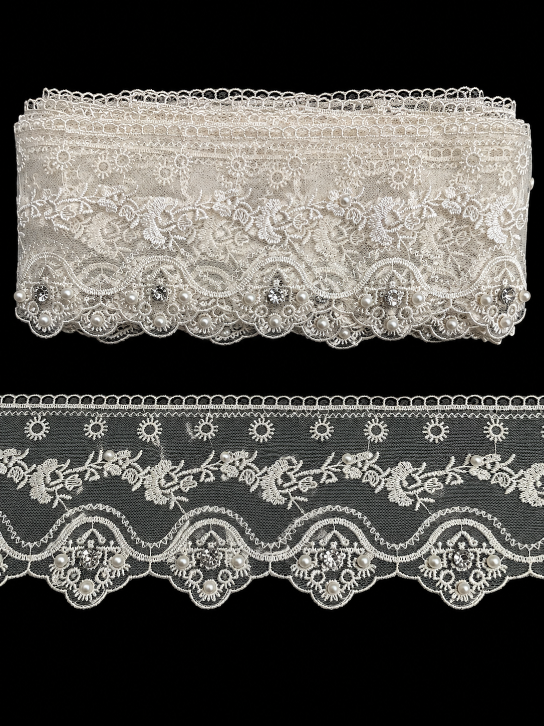Dantela pe Tulle cu Perle si Strasuri, 10,5 cm, 10 Yards\Rola ( 9,14 metri\Rola ) Cod 0037