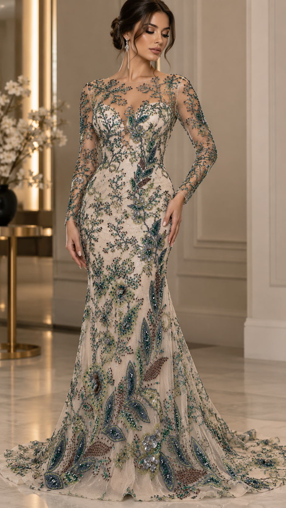 Broderie Luxury cu flori 3D, margele si cristale pe tulle Verde –  140 cm\la Metru, Model J1 3396