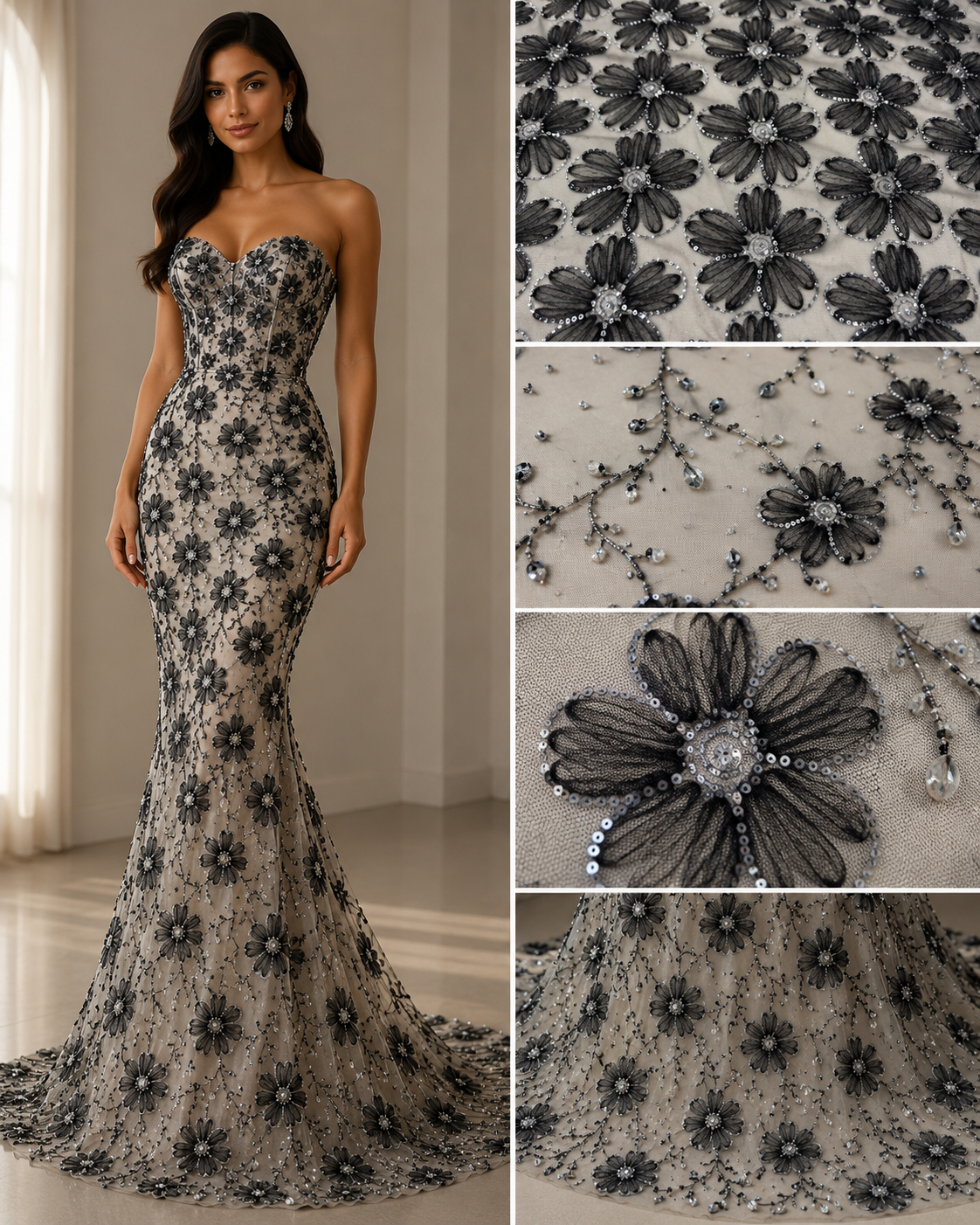 Tul cu Flori 3D si Paiete Decorative 150m latime/La metru M2