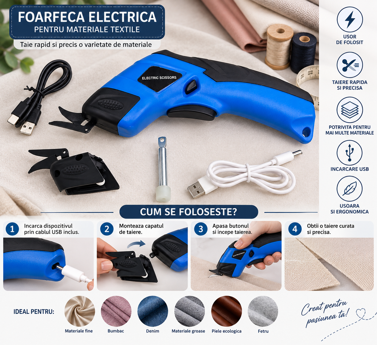Foarfeca Electrica pentru Materiale Textile SU SAN Model 1, Incarcare USB, Taiere Rapida si Precisa , Viteza : 10.000 RPM