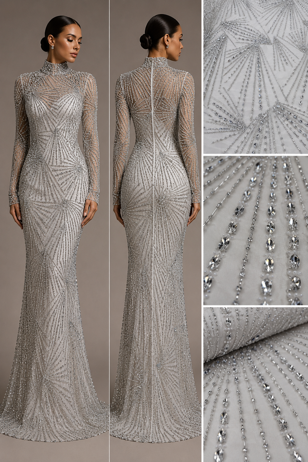 Broderie pe tul alb premium cu cristale aplicate 140cm/la metru SJT1357