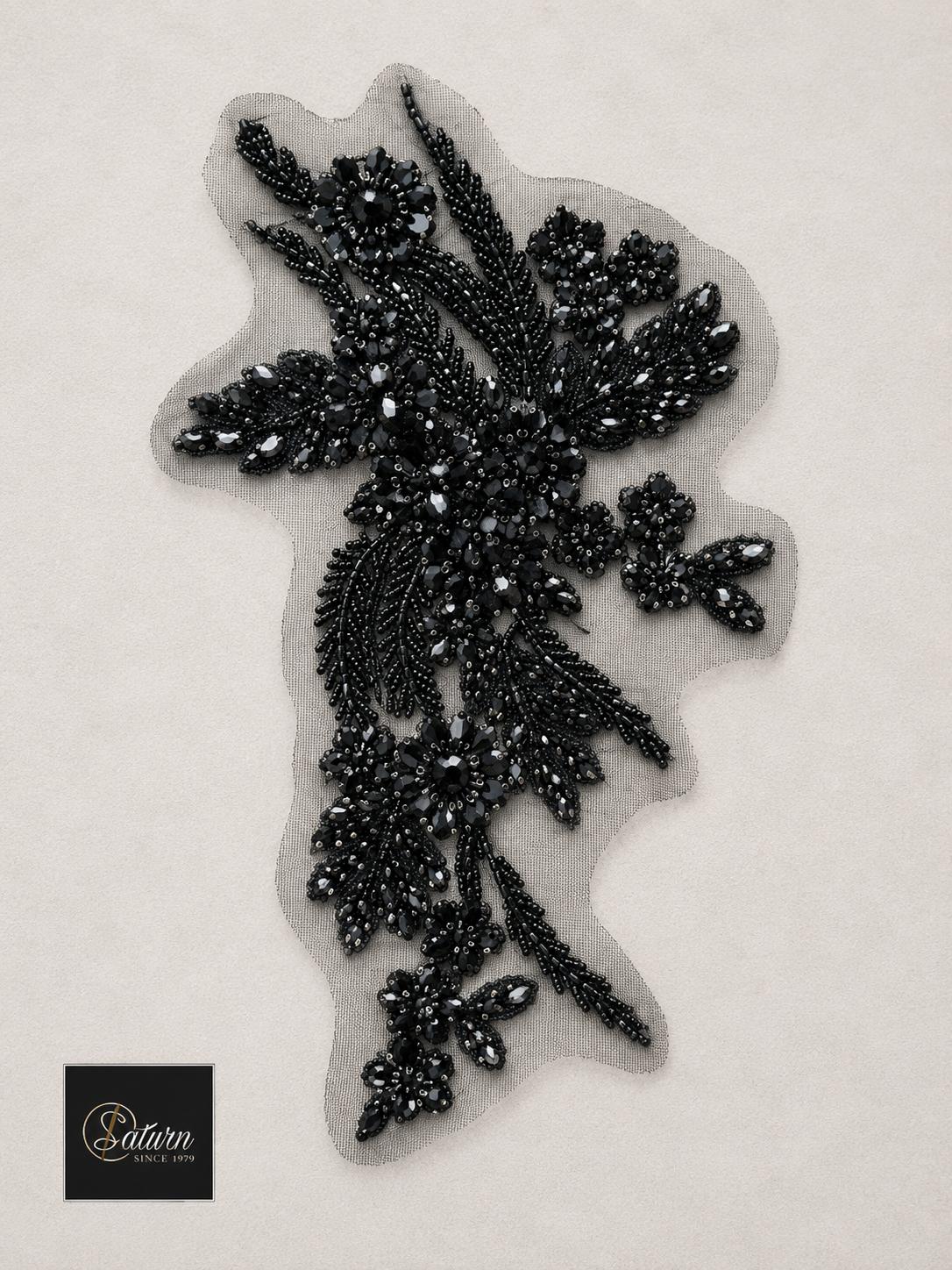 Aplicatie Decorativa de Cusut cu Cristale si Margele, Model A027, Broderie Florala Eleganta pentru Rochii si Accesorii