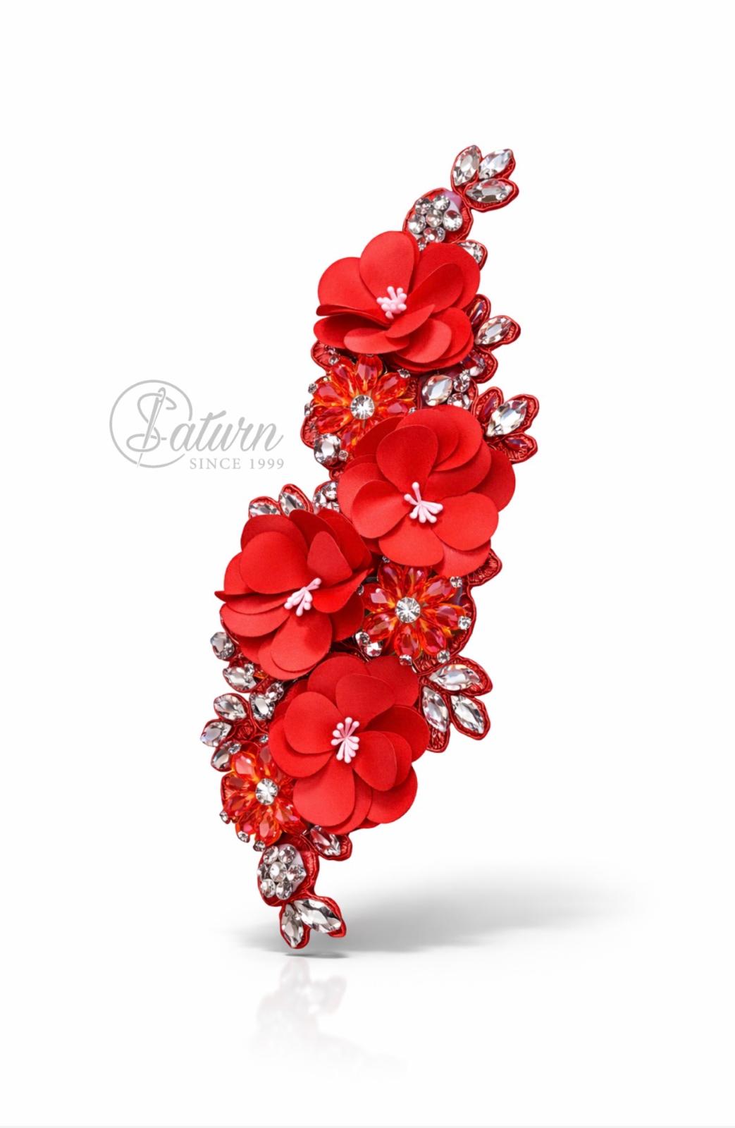 Aplicatie florala 3D cu cristale, 25x9 cm – decor elegant pentru rochii si evenimente mercerie saturn rosu 