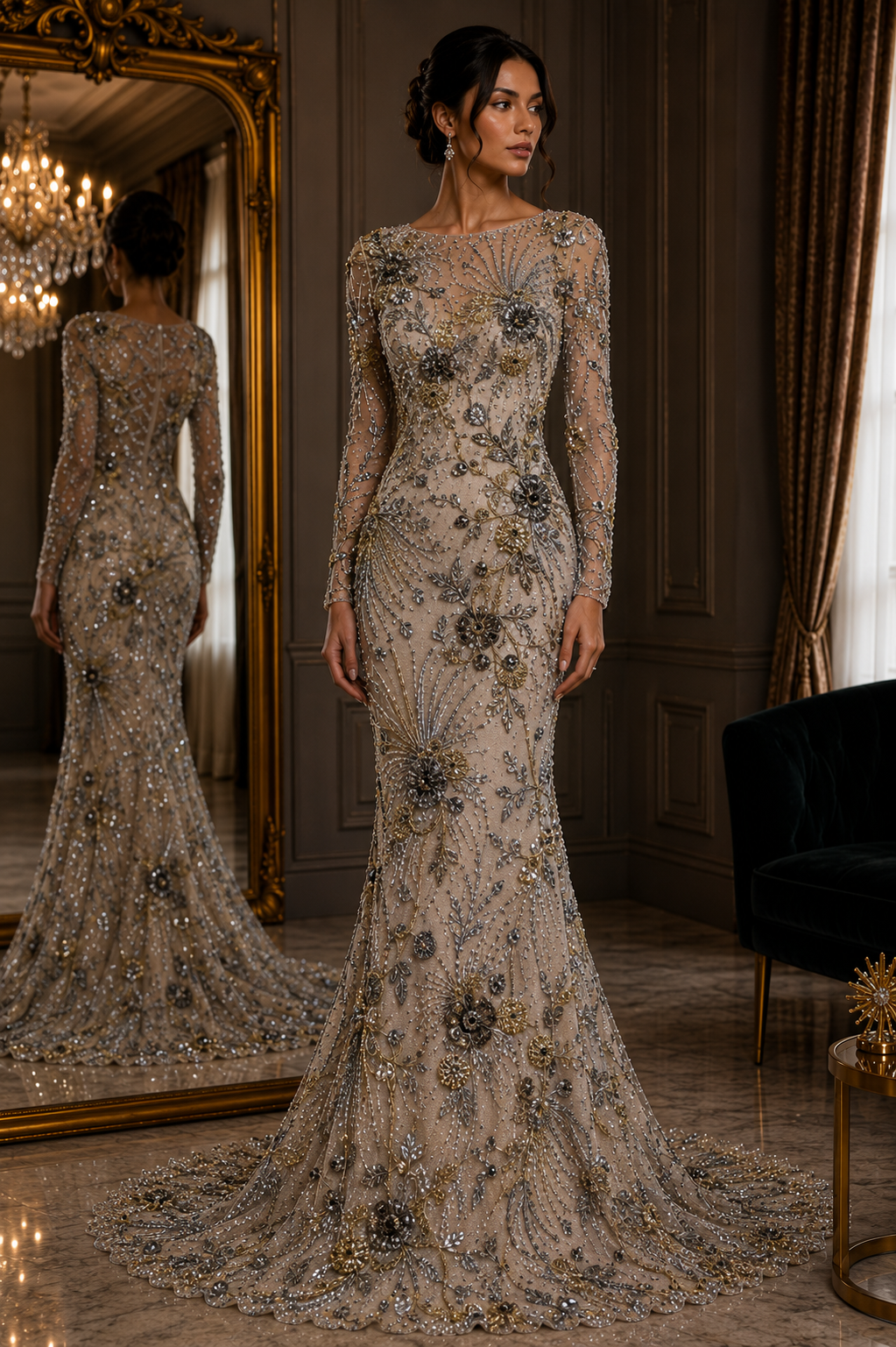 Broderie premium pe tul Model J1 3373, latime 140 cm, cu cristale, margele si broderie florala - disponibila in mai multe culori