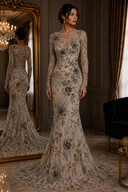 Broderie premium pe tul Model J1 3373, latime 140 cm, cu cristale, margele si broderie florala - disponibila in mai multe culori