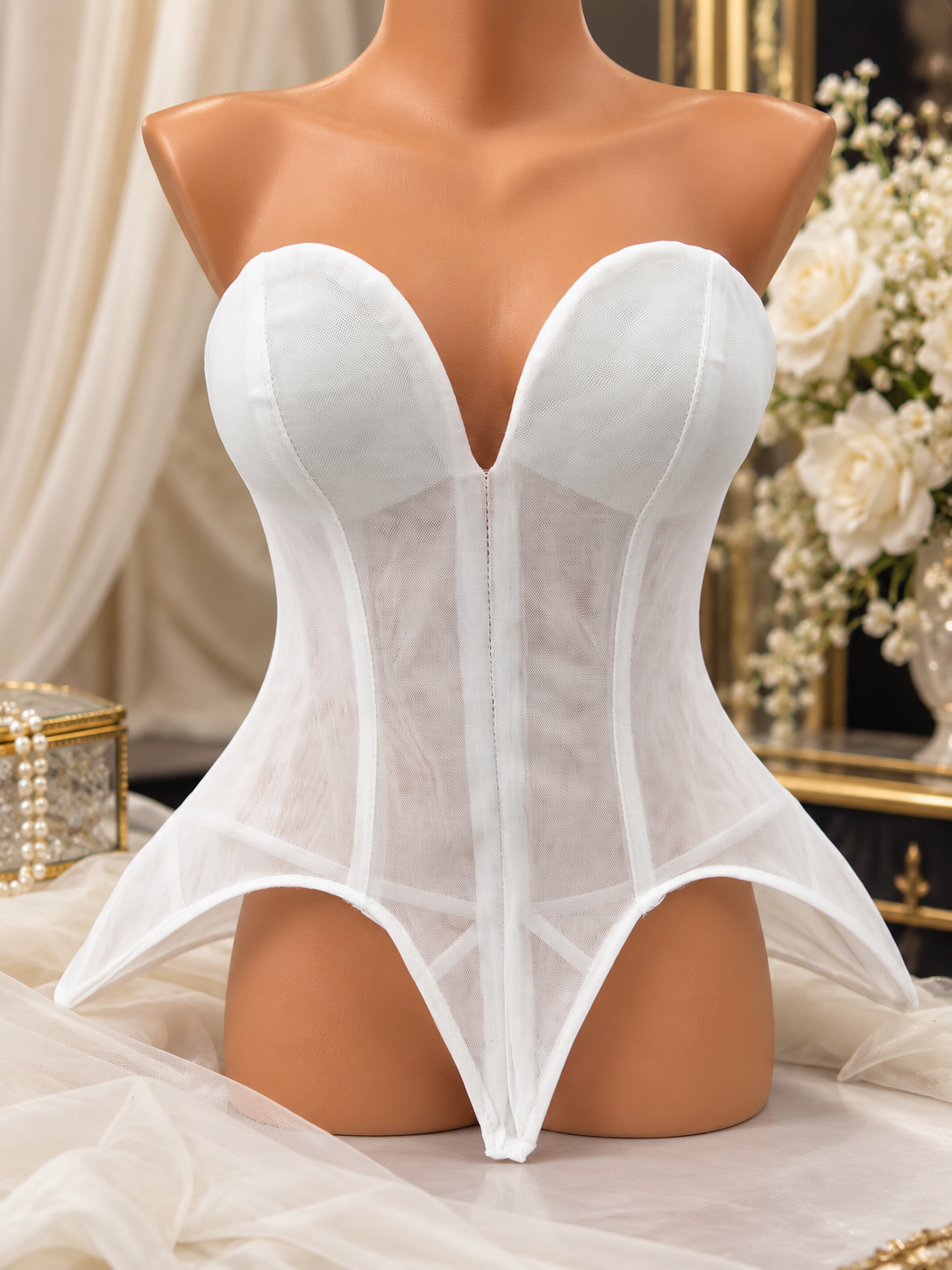 Corset Din Tulle Transparent Cu Balene Si Cupe Structurate  M51