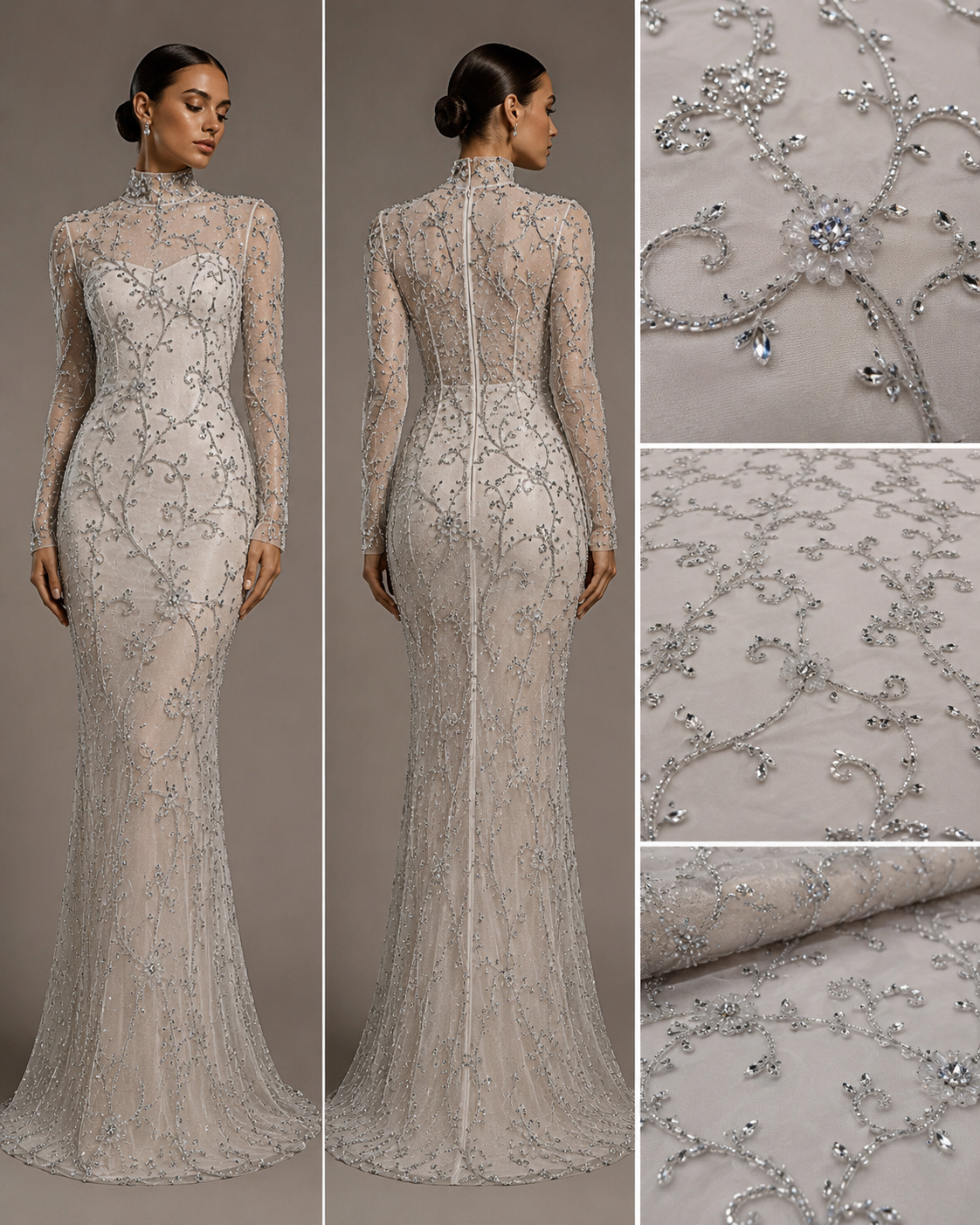 Broderie premium pe tull cu cristale, perle și margele 140cm/la metru J1 3381