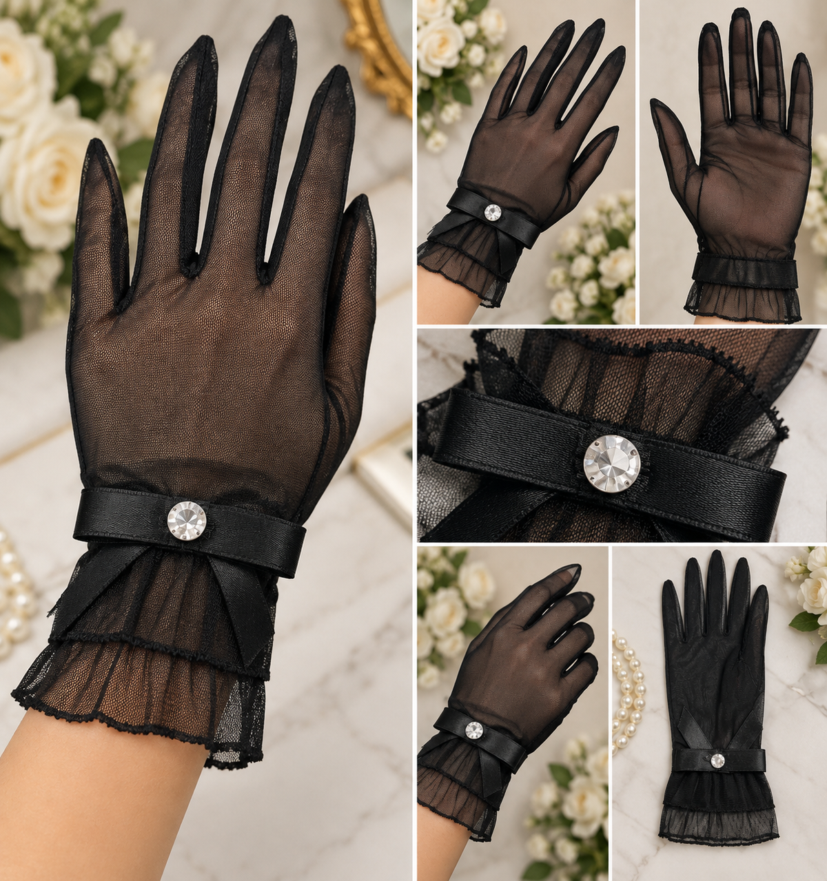 Manusi Negre Elegante din Tulle cu Volan, Fundita si Stras Decorativ – 28 cm