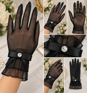 Manusi Negre Elegante din Tulle cu Volan, Fundita si Stras Decorativ – 28 cm