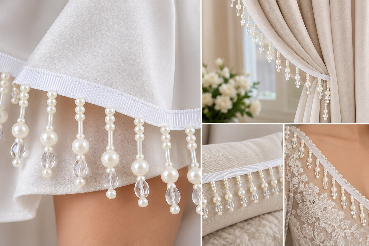 Banda Decorativa Cu Franjuri Din Perle Crem Si Cristale Transparente 5.5 cm\La Metru