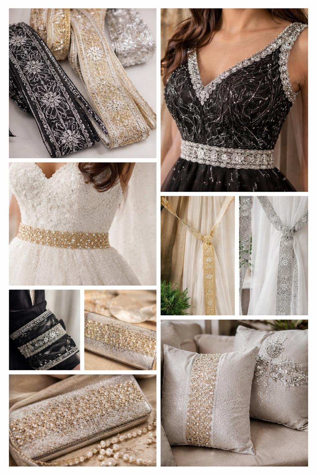 Banda decorativa brodata  cu paiete pentru rochii, costume si decor elegant/la metru