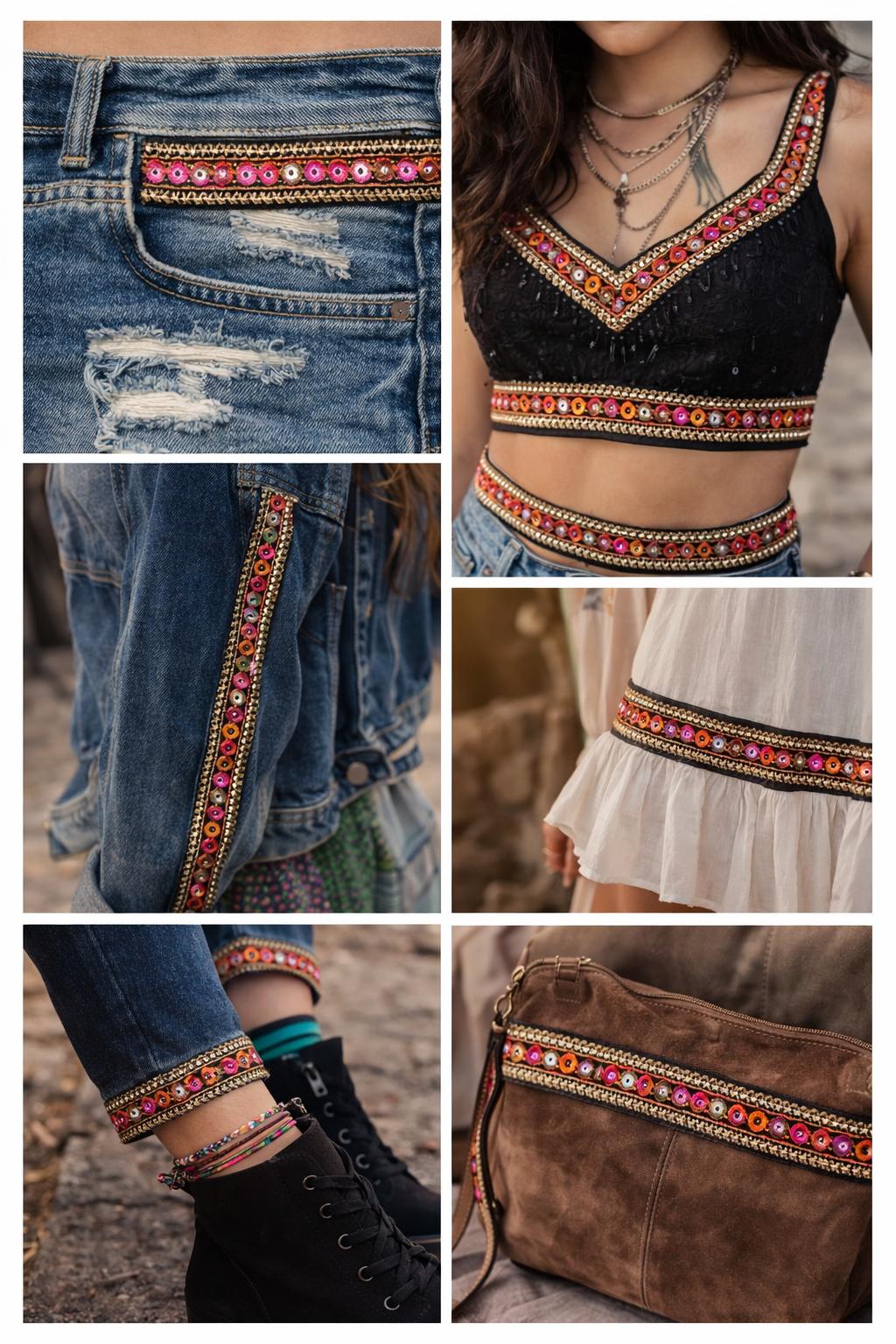 Banda decorativa brodata multicolora 4 cm cu paiete pentru haine, costume si accesorii handmade/la metru 