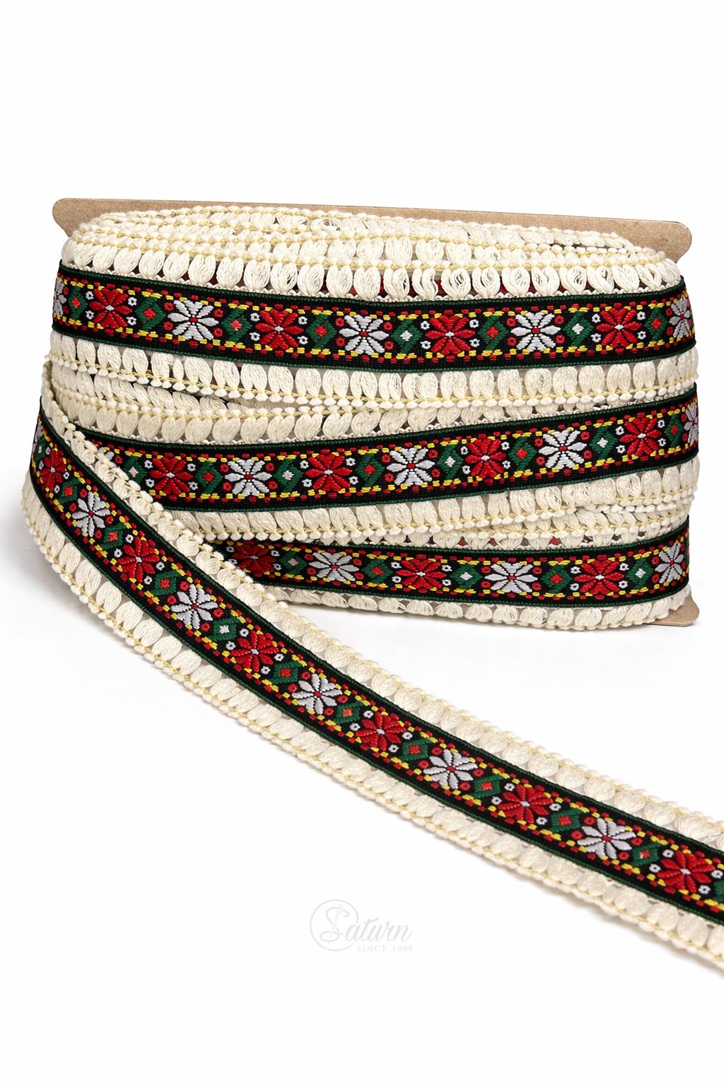 Banda decorativa etno /la metru 5 cm – banda textila cu model traditional pentru haine si decoratiuni