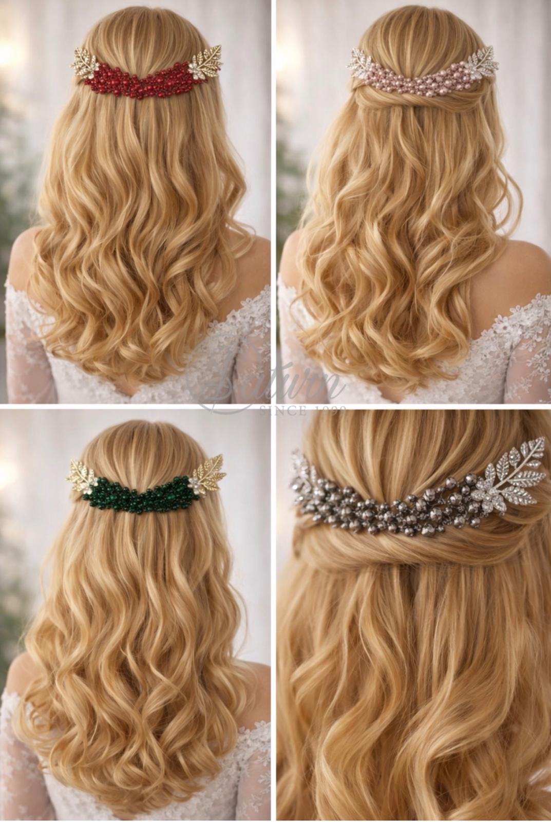 Bentita par mireasa cu cristale si frunze metalice – accesoriu par nunta elegant pentru cocuri, coafuri lejere sau impletituri  mercerie saturn 